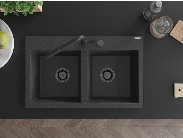 Mexen Hektor, chiuvetă granit cu 2 camere 800x480x205 mm, pete negre, sifon din grafit, 6521802000-76-B