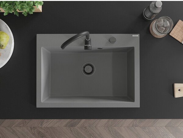 Mexen Elix, chiuvetă granit cu 1 vas 700 x 500 mm, gri, sifon negru, 6526701005-71-B