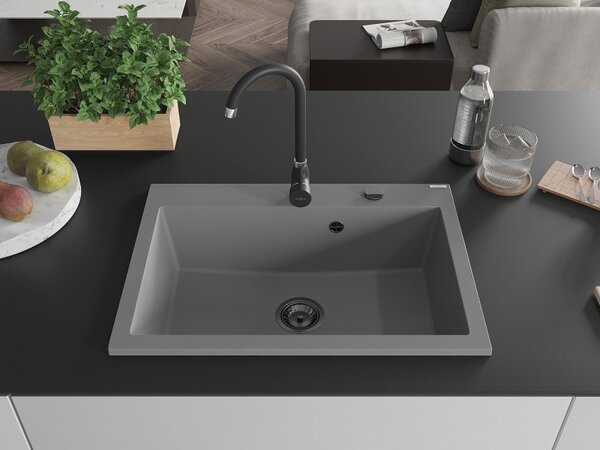 Mexen Elix, chiuvetă granit cu 1 vas 700 x 500 mm, gri, sifon negru, 6526701005-71-B