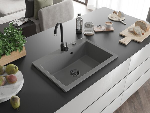 Mexen Elix, chiuvetă granit cu 1 vas 700 x 500 mm, gri, sifon negru, 6526701005-71-B