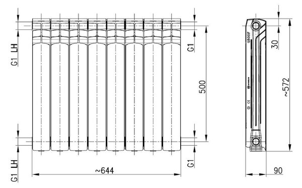 KFA Armatura G500F calorifer de cameră 57.2x64.4 cm podłączenie lateral negru 789-080-81