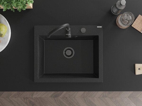 Chiuvetă din granit Mexen Elix cu 1 compartiment, 600 x 500 mm, negru/argintiu metalic, sifon negru - 6525601005-73-B