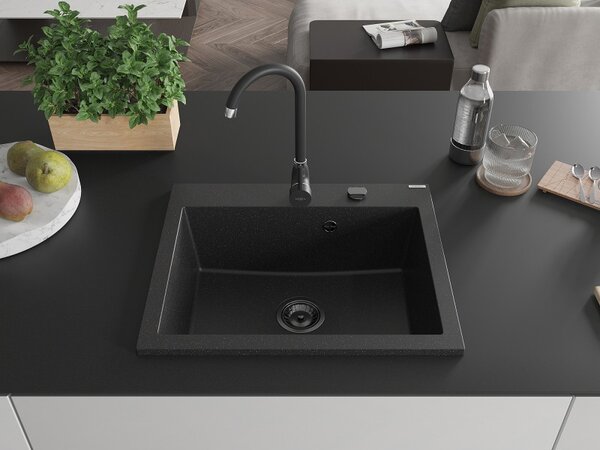 Chiuvetă din granit Mexen Elix cu 1 compartiment, 600 x 500 mm, negru/argintiu metalic, sifon negru - 6525601005-73-B