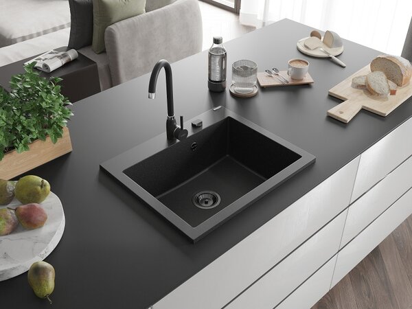 Chiuvetă din granit Mexen Elix cu 1 compartiment, 600 x 500 mm, negru/argintiu metalic, sifon negru - 6525601005-73-B