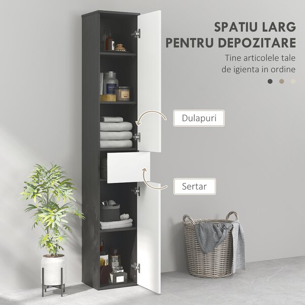 Kleankin Coloană de Baie Înaltă, Mobilier cu 2 Dulapuri, Sertar și Rafturi Reglabile din Lemn, 30x28x180 cm, Negru | Aosom Romania