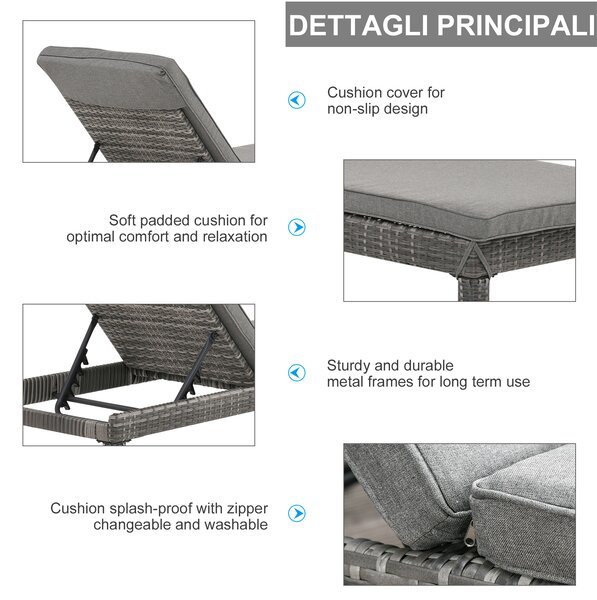 Outsunny Set Mobilier Gradina pentru Exterior cu 2 Sezlong din PE Ratan cu Perna Captusita, 196x65x22cm Culoare Gri | Aosom.ro