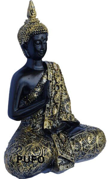 Statueta Buddha, decoratiune Feng Shui, 19 cm, negru/auriu