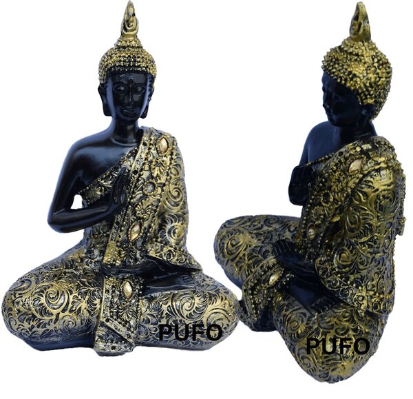 Statueta Buddha, decoratiune Feng Shui, 19 cm, negru/auriu