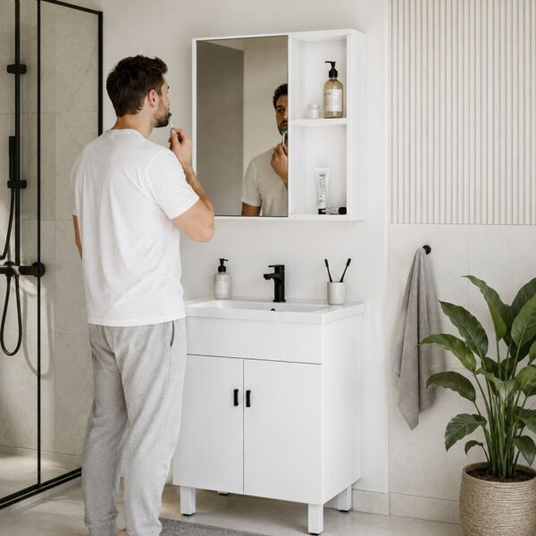 Dulap de baie cu chiuvetă din ceramică și oglindă – alb