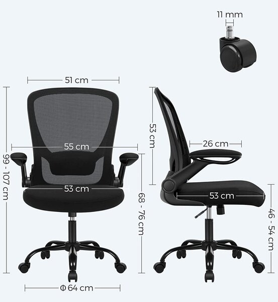 Scaun de birou, Songmics, Negru, 66x60x(99-107) cm