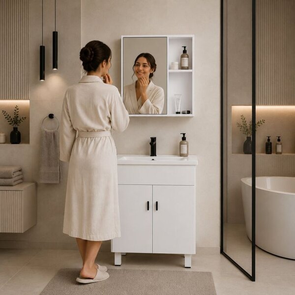 Dulap de baie cu chiuvetă din ceramică și oglindă – alb