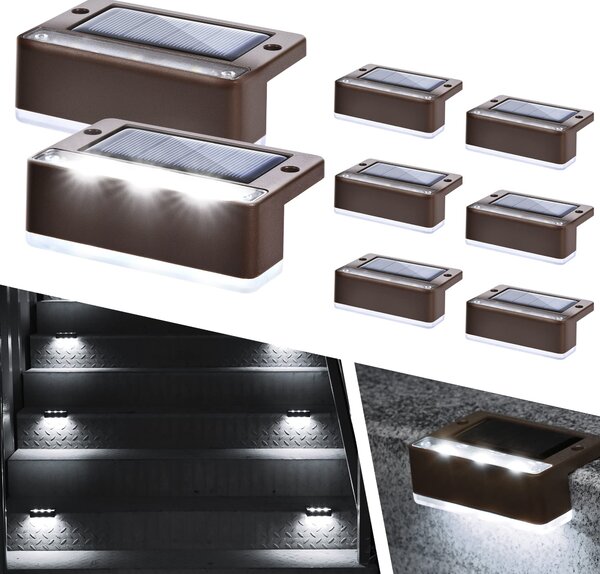 Set 8 lampi solare pentru trepte sau terase, Maro, Alb rece