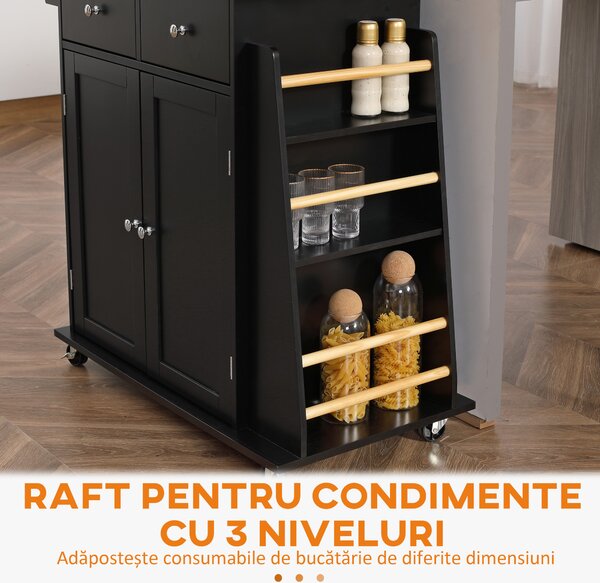 HOMCOM Insulă de Bucătărie cu Dulăpior, 2 Sertare și Suport pentru Condimente cu 3 Rafturi, 89x45x89,5 cm, Negru | Aosom Romania