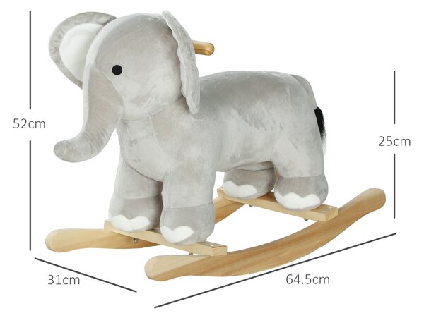 AIYAPLAY Balansoar în Formă de Elefant, Căluț Balansoar din Lemn cu Bază și Sunete Realistice, 64,5x31x52 cm, Gri | Aosom Romania