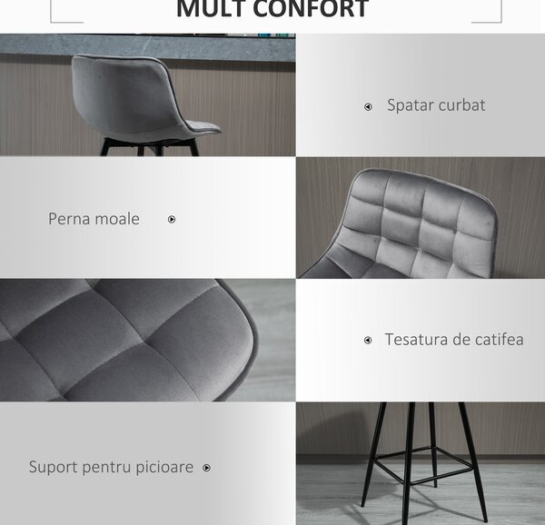 HOMCOM Set 2 Scaune Înalte în Stil Nordic cu Spătar și Suport pentru Picioare, 45x47x88 cm, Gri | Aosom Romania