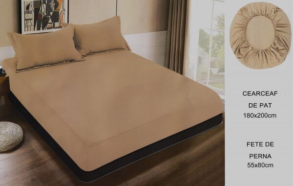 Cearceaf de pat cu elastic + doua fete perna, 180x200 cm, culoare Bej