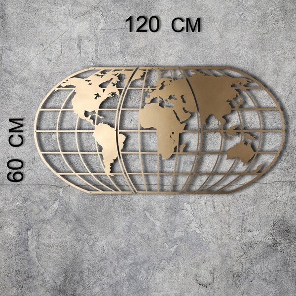 Decoratiune de perete Metal World Map Globe Led - Gold, Aur, 120x60 cm