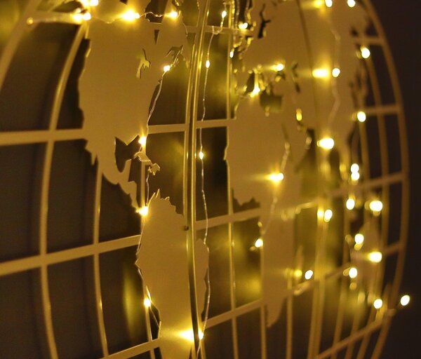 Decoratiune de perete Metal World Map Globe Led - Gold, Aur, 120x60 cm