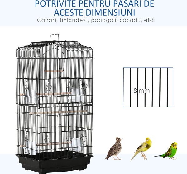 PawHut Colivie pentru Papagali cu Stinghii, Leagan și Boluri, Volieră din Metal și Plastic, 46.5x35.5x92 cm, Negru | Aosom Romania