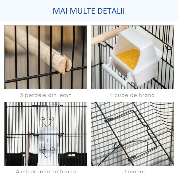 PawHut Colivie pentru Papagali cu Stinghii, Leagan și Boluri, Volieră din Metal și Plastic, 46.5x35.5x92 cm, Negru | Aosom Romania