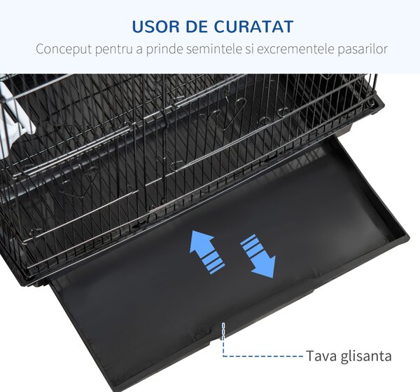 PawHut Colivie pentru Papagali cu Stinghii, Leagan și Boluri, Volieră din Metal și Plastic, 46.5x35.5x92 cm, Negru | Aosom Romania