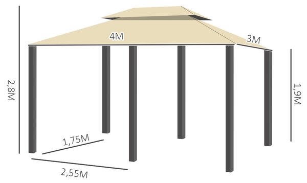 Outsunny Foisor de Gradina 3x4 m cu Perdele si Acoperis cu 2 Niveluri din Otel si Poliester, Alb Crem | Aosom Romania