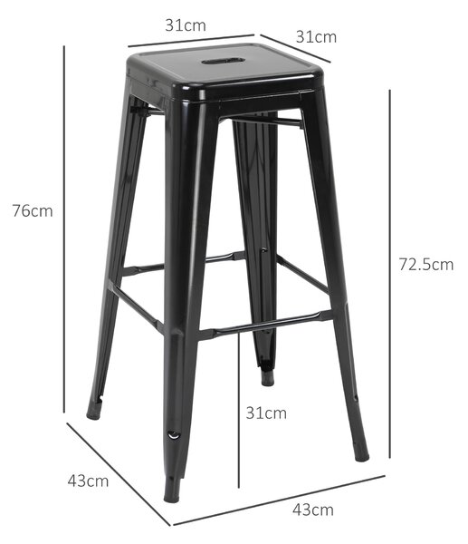 HOMCOM Set 4 Scaune de Bar din Metal cu Suport pentru Picioare Design Versatil pentru Interior/Exterior Negru 43x43x76 cm | Aosom Romania