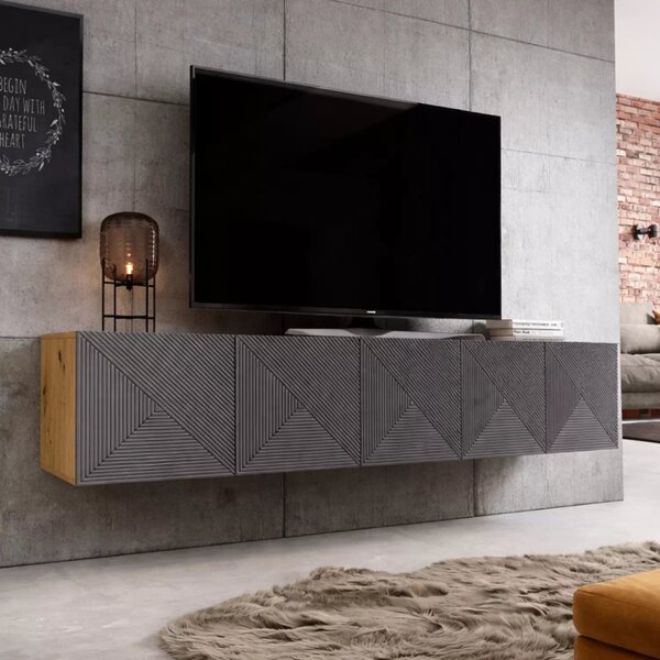 Comodă TV suspendată cu fronturi riflate Asha 200 cm - artisan / rivier stone mat