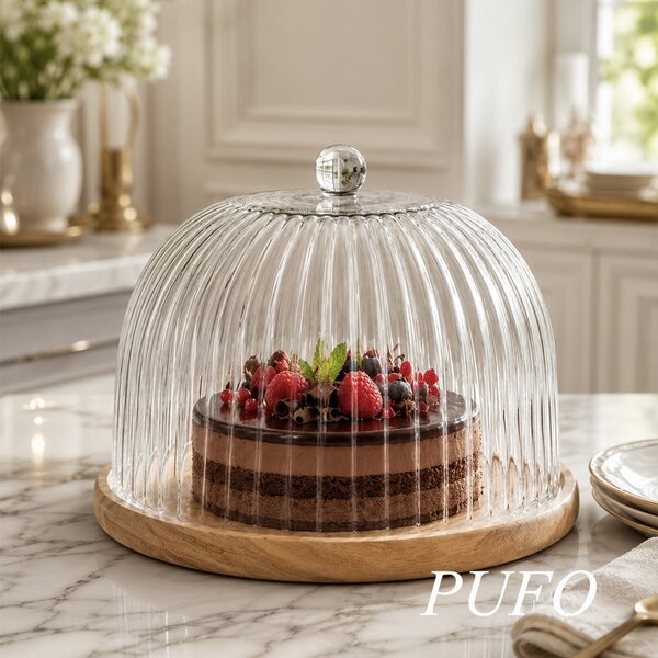 Platou Pufo din lemn de acacia cu capac transparent din sticla pentru servire torturi, aperitive, prajituri, branzeturi, 21 cm
