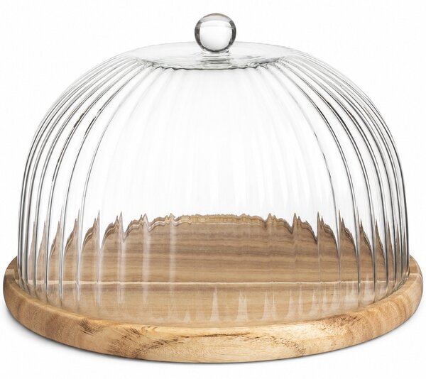 Platou Pufo din lemn de acacia cu capac transparent din sticla pentru servire torturi, aperitive, prajituri, branzeturi, 21 cm
