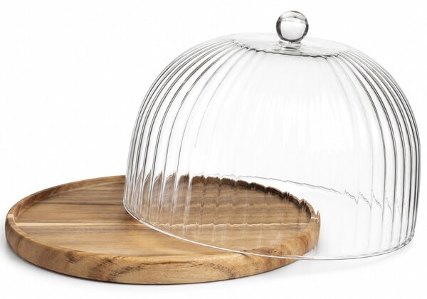 Platou Pufo din lemn de acacia cu capac transparent din sticla pentru servire torturi, aperitive, prajituri, branzeturi, 21 cm