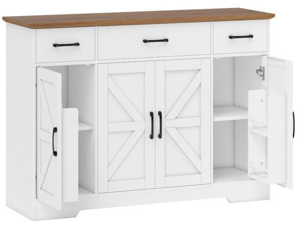 HOMCOM Bufet Bucătărie Rustic, Bufet cu Uși Soft-Close, 3 Sertare, 3 Rafturi Reglabile, Portaspecii, PAL, MDF, Alb | Aosom Romania