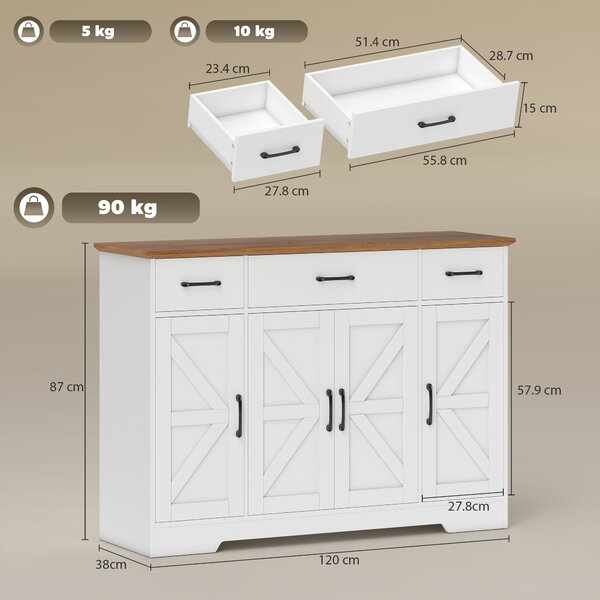 HOMCOM Bufet Bucătărie Rustic, Bufet cu Uși Soft-Close, 3 Sertare, 3 Rafturi Reglabile, Portaspecii, PAL, MDF, Alb | Aosom Romania