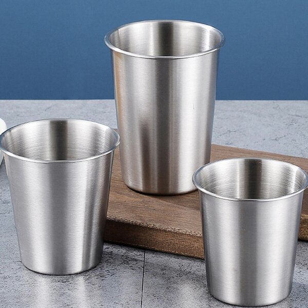 Set 6 pahare din inox Pufo Drink, 350 ml, reutilizabile, pentru bauturi, camping si picnic, argintiu