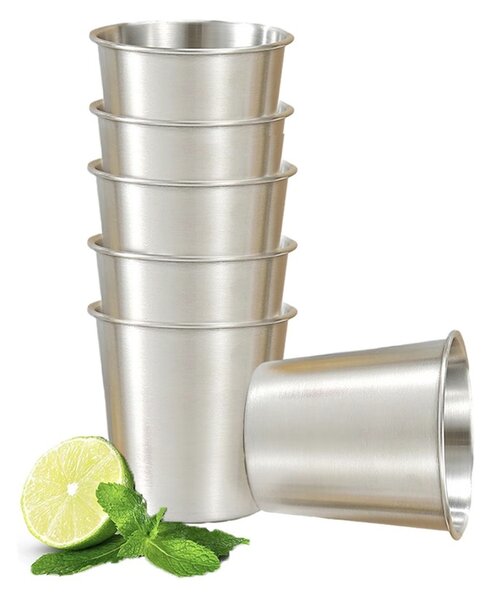 Set 6 pahare din inox Pufo Drink, 350 ml, reutilizabile, pentru bauturi, camping si picnic, argintiu