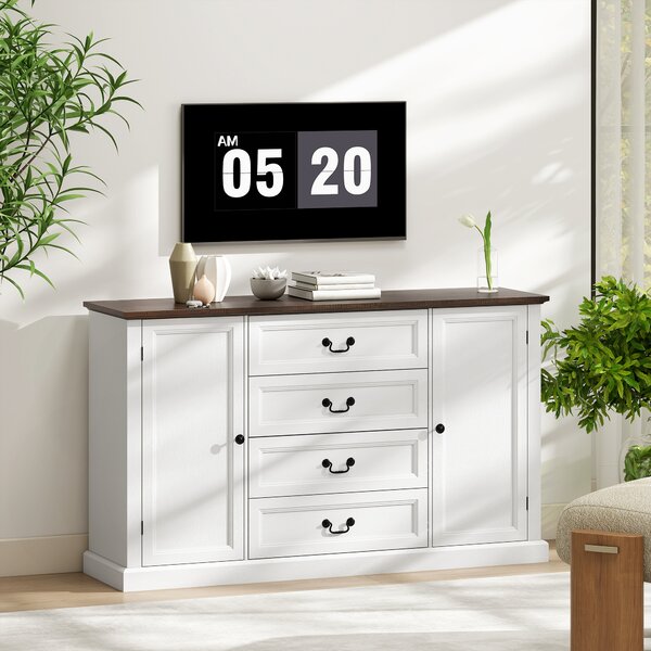 HOMCOM Credență de Bucătărie, Mobilier de Bucătărie cu 4 Sertare Soft Close, Blat Gros, Bufet cu Rafturi Reglabile, Stil Rustic, pentru Sufragerie, Sala de Mese, 147x40x87 cm, Alb | Aosom Romania