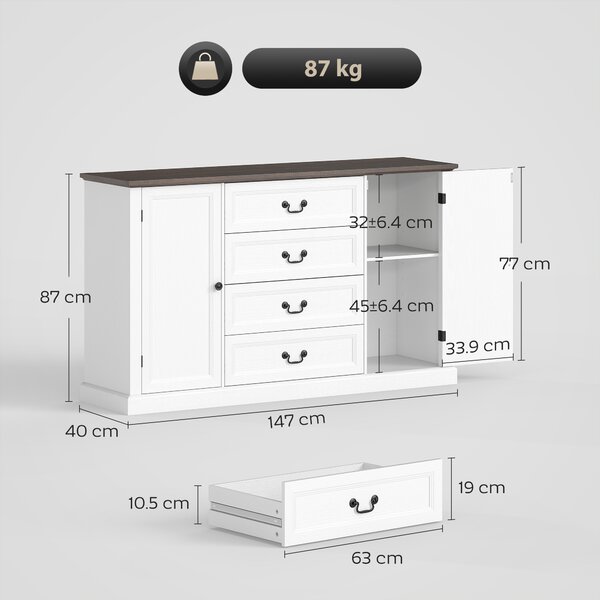 HOMCOM Credență de Bucătărie, Mobilier de Bucătărie cu 4 Sertare Soft Close, Blat Gros, Bufet cu Rafturi Reglabile, Stil Rustic, pentru Sufragerie, Sala de Mese, 147x40x87 cm, Alb | Aosom Romania