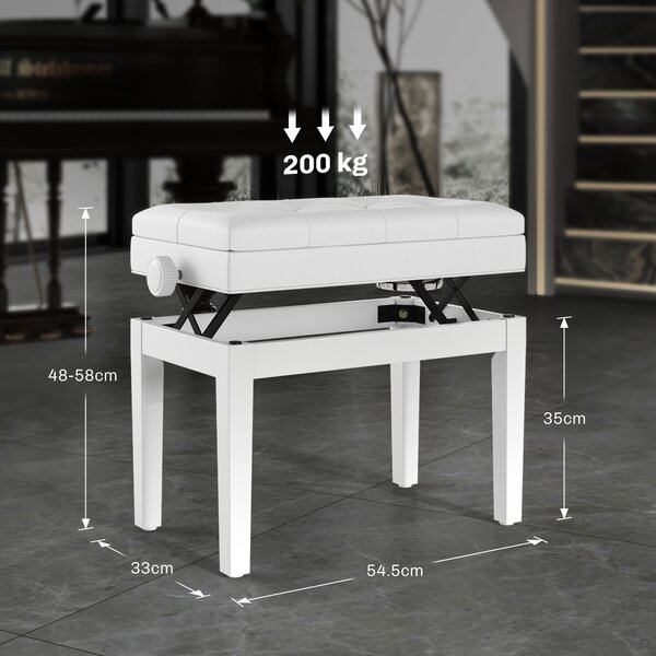 Scaun de Pian HOMCOM Reglabil cu Compartiment de Depozitare și Scaun Imbunătățit, 54.5x33x48-58 cm, Alb | Aosom Romania