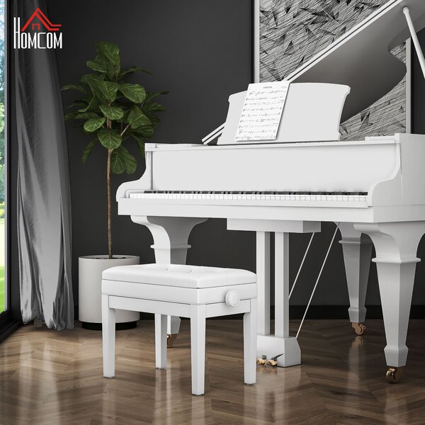 Scaun de Pian HOMCOM Reglabil cu Compartiment de Depozitare și Scaun Imbunătățit, 54.5x33x48-58 cm, Alb | Aosom Romania