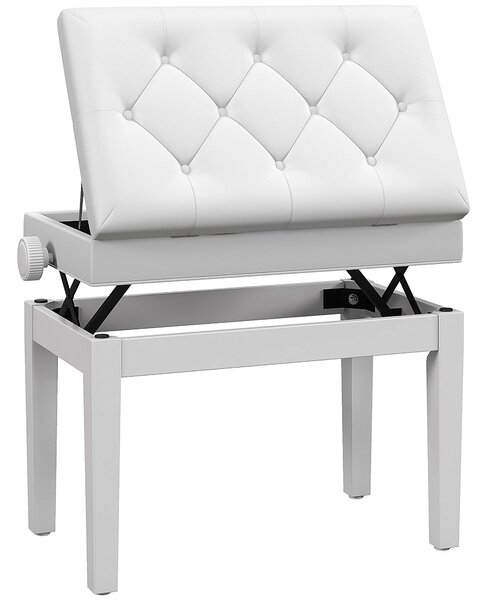 Scaun de Pian HOMCOM Reglabil cu Compartiment de Depozitare și Scaun Imbunătățit, 54.5x33x48-58 cm, Alb | Aosom Romania