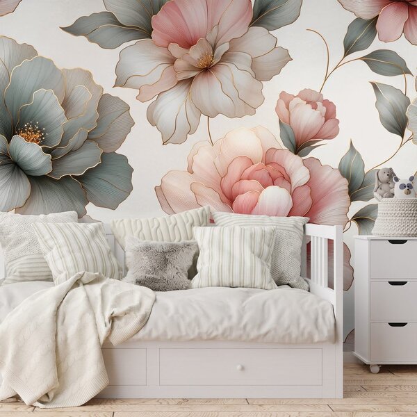 Fototapet flori pastelate elegante cu frunze