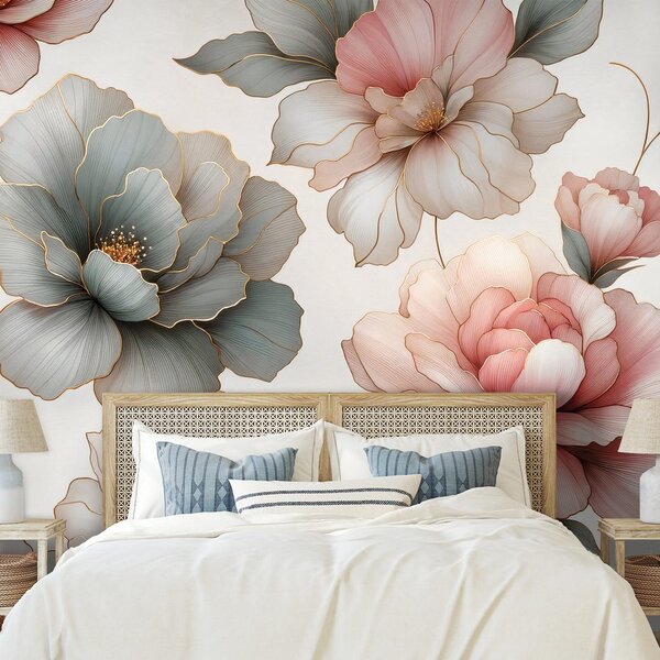 Fototapet flori pastelate elegante cu frunze