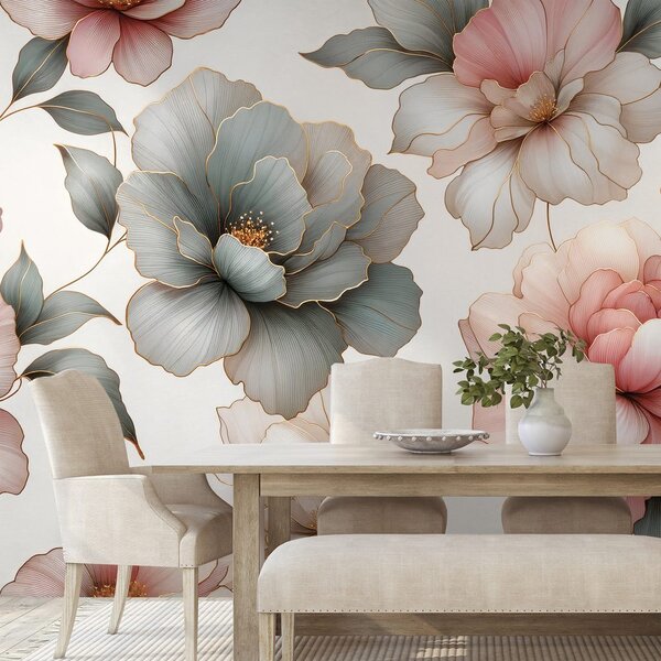 Fototapet flori pastelate elegante cu frunze