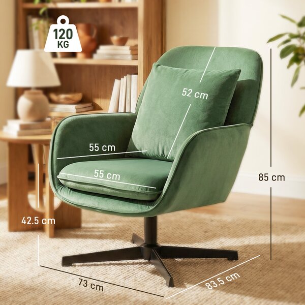 HOMCOM Fotoliu de Salon Rotativ 360° cu Pernă Lombară Detașabilă, Șezut Generos, Fotoliu Tapițat Modern din Catifea cu Cotiere, pentru Living, 73x83.5x85 cm, Verde | Aosom Romania