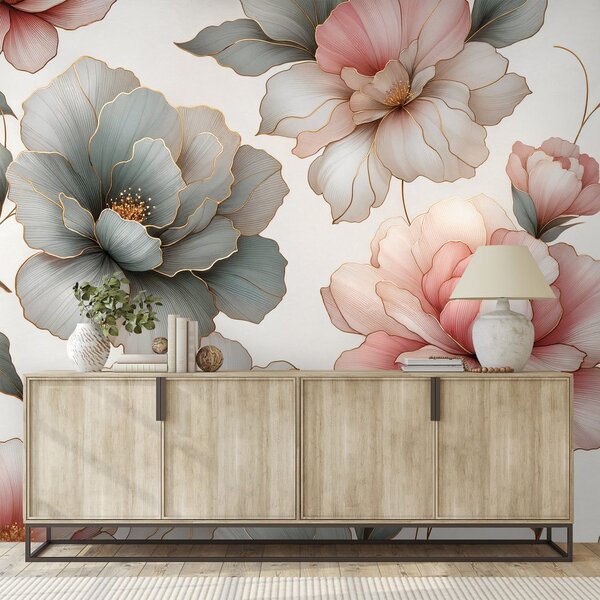 Fototapet flori pastelate elegante cu frunze