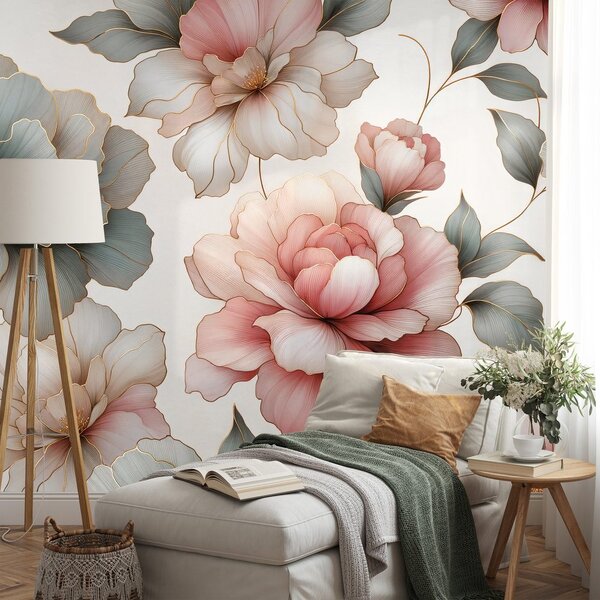 Fototapet flori pastelate elegante cu frunze