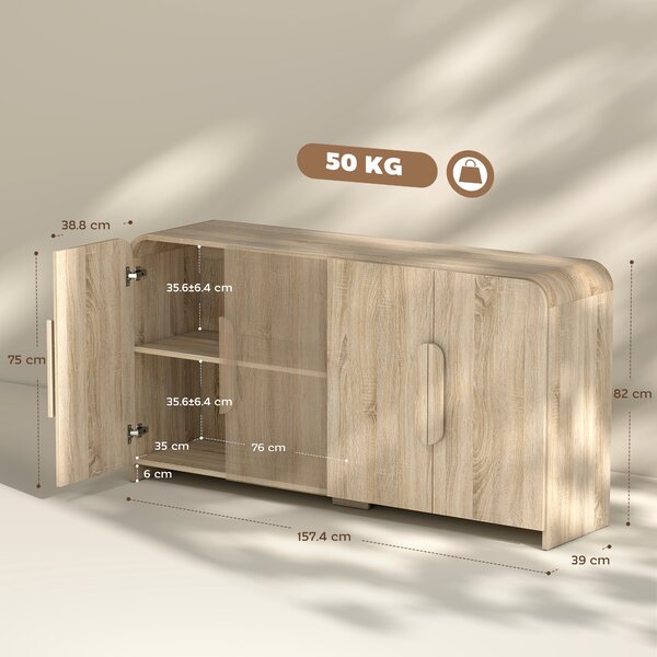 HOMCOM Comodă pentru Bucătărie, Mobilă cu Uși Soft-Close, Colțuri Rotunjite, Rafturi Reglabile, Stil Modern, Comodă pentru Living, Sufragerie, 157,4x39x82cm, Lemn Natural | Aosom Romania