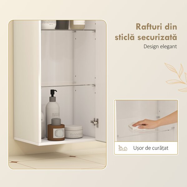HOMCOM Dulap de Baie Suspendat cu Ușă Fără Mâner, 2 Rafturi Reglabile din Sticlă, Mobilier Suspendat Multifuncțional, 30x23,4x71,2 cm, Alb Lucios | Aosom Romania
