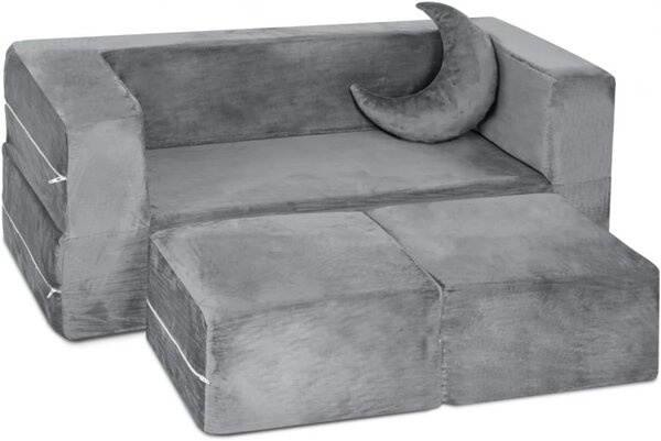 Canapea modulară pentru copii, spumă cu memorie, țesătură din velur, Bonus pernă în formă de semilună, 50x100x40 cm, Gri