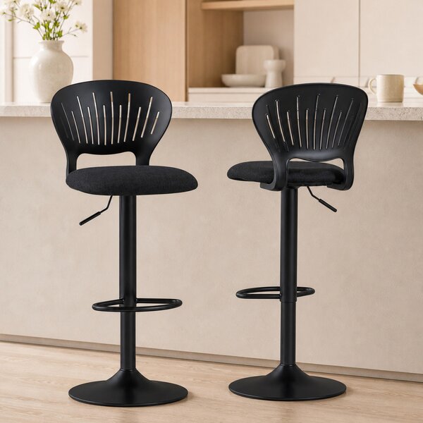 Set HOMCOM de 2 Scaune de Bar Reglabile, Scaune de Bucătărie Înalte din Țesătură Tip In cu Spătar, Suport pentru Picioare și Scaun Moale, Structură din Metal, Scaune de Bar Rotative la 360°, Negru | Aosom Romania